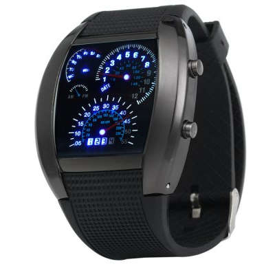 Dashboard Style Blue LED Car Watch with Arch Dial and Silicon Watch Band  -  BLACK