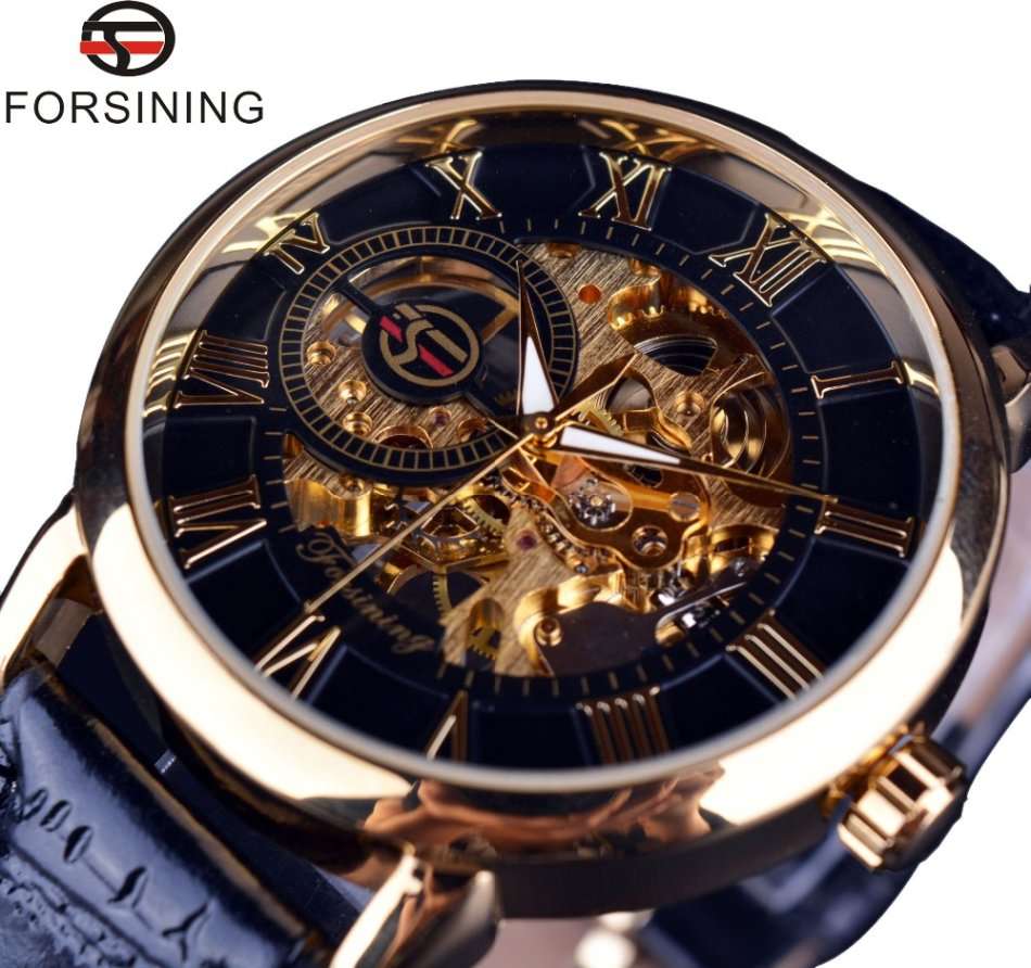 Forsining Mens Automatic Mechanical Watch Luxury Golden Skeleton Design Leather Band Wristwatch
