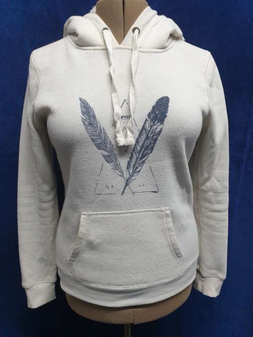Ladies Cream `Real Clothing` Hoodie with print on front Size Small