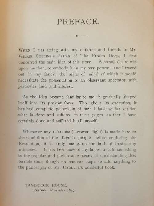**1859** A TALE OF TWO CITIES. CHARLES DICKENS. Preface dated 1859.