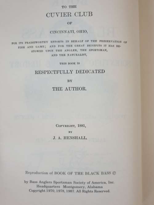 1881/1987. BOOK OF THE BLACK BASS. (Facsimile Copy) James A. Henshall.