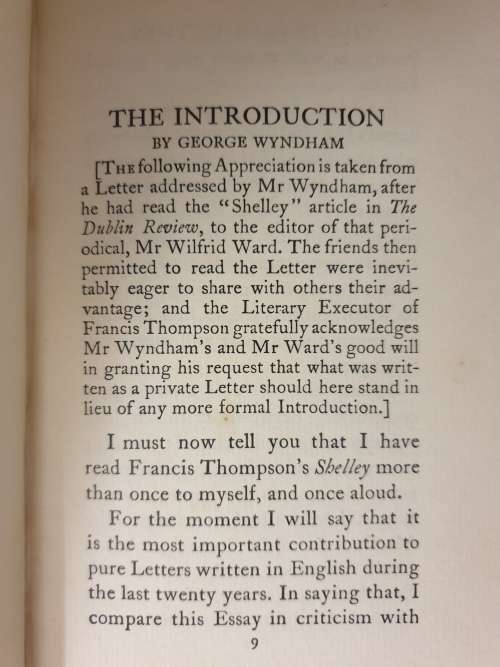 *1909* SHELLEY - By Francis Thompson. With an Introduction by George Wyndham