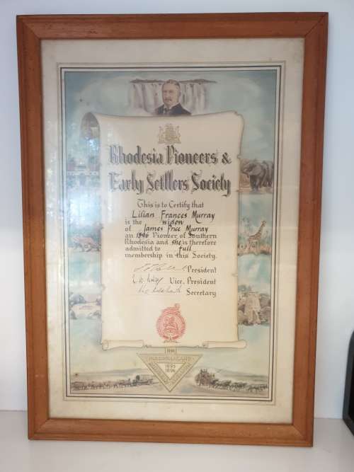 RHODESIA PIONEERS & EARLY SETTLERS SOCIETY. 900mm x 340mm. Framed behind glass.
