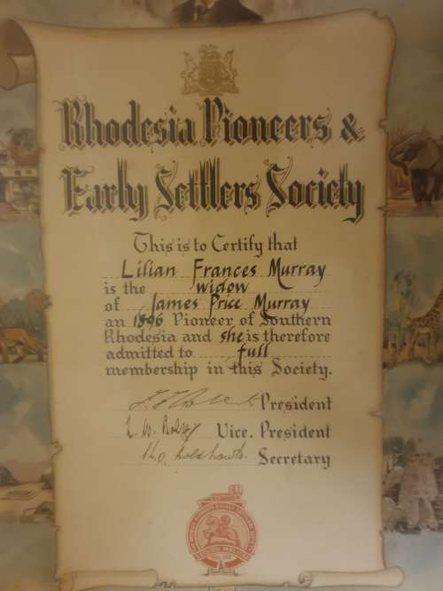 RHODESIA PIONEERS & EARLY SETTLERS SOCIETY. 900mm x 340mm. Framed behind glass.
