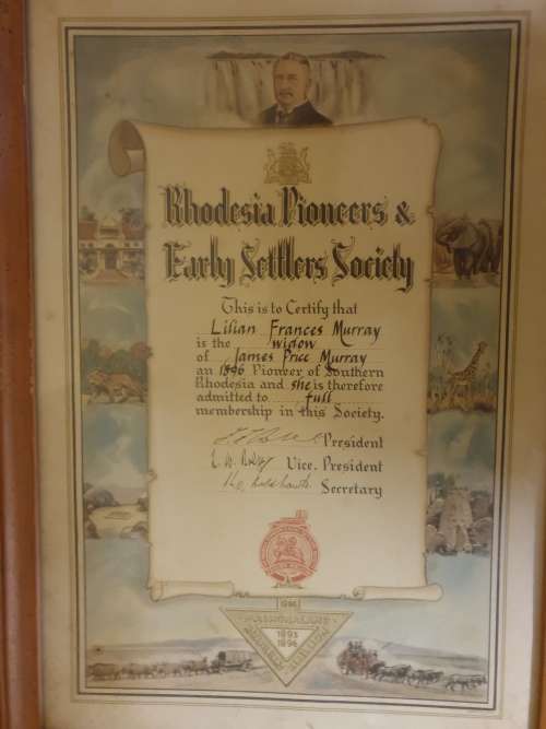 RHODESIA PIONEERS & EARLY SETTLERS SOCIETY. 900mm x 340mm. Framed behind glass.