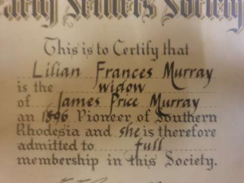 RHODESIA PIONEERS & EARLY SETTLERS SOCIETY. 900mm x 340mm. Framed behind glass.