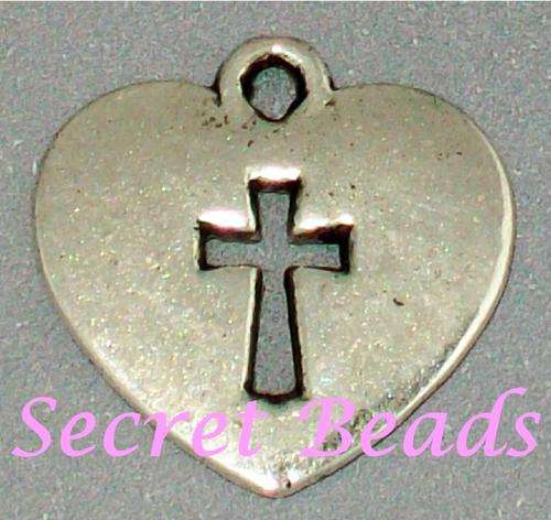 Antique Silver Heart & Cross Charm - 1pc