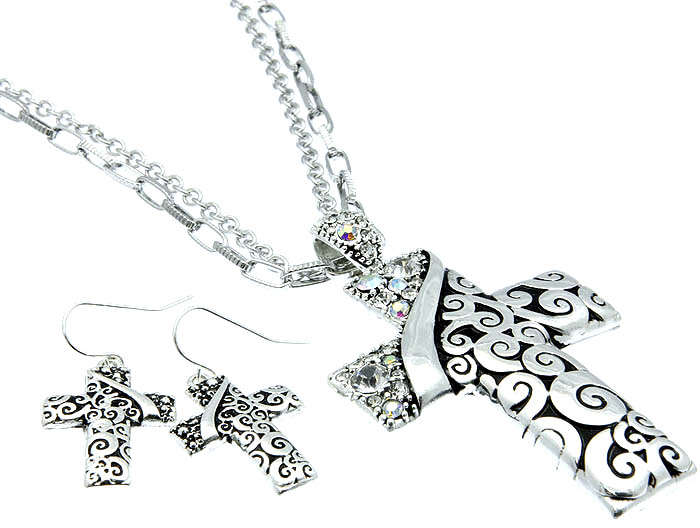 Antique Silver Cross Necklace & Earring Set - Clear Crystal Insets (1set)