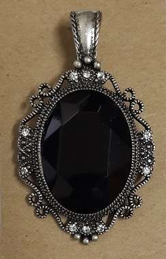 *** CLEARANCE SALE *** Antique Silver Clip-on Pendant - Black Faceted Rhinestone & Clear Crystals
