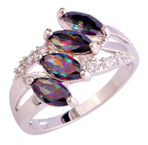 AAA CZ MultiColor Rainbow Topaz Gems 18K White Gold Plated Silver Fashion Ring Size 8