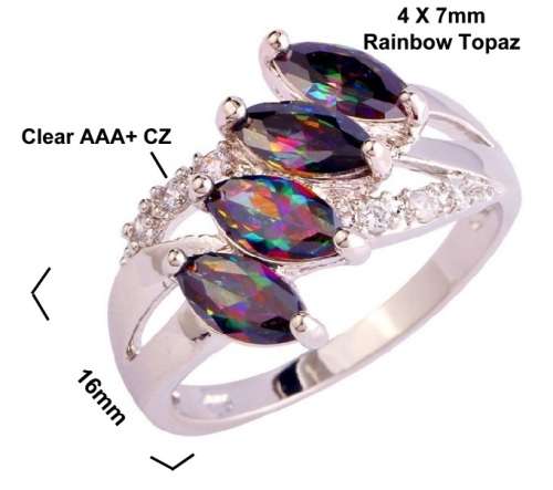 AAA CZ MultiColor Rainbow Topaz Gems 18K White Gold Plated Silver Fashion Ring Size 8