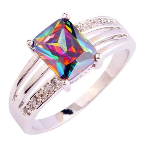 *** Top Quality *** AAA CZ New Rainbow Topaz - 18K White Gold Plated Silver Ring Size 8
