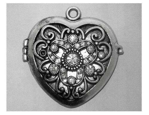 Ant. Nickel Heart Locket Pendant - White Diamante