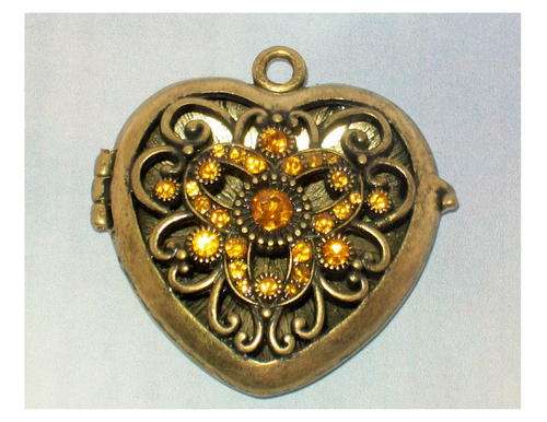 Bronze Heart Locket Pendant - Yellow Amber Diamante