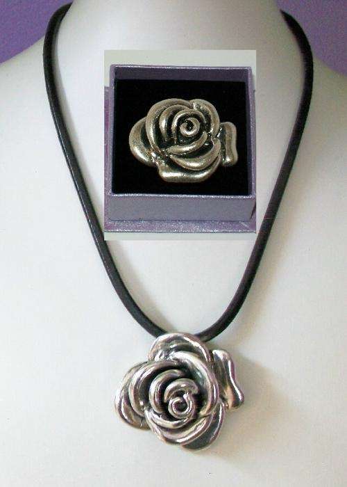 Nickel Rose Necklace & Matching Rose Ring Set