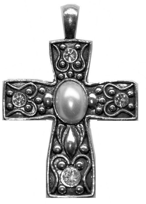 Burnished Ant. Silver Cross - Clear Diamante & White Pearl