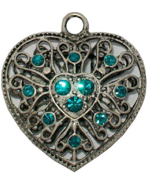 Open-work Burnished Silver Heart Pendant - Aqua Blue Diamante