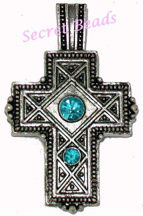 Ant. Silver Clip on Cross Pendant - Aqua Diamante