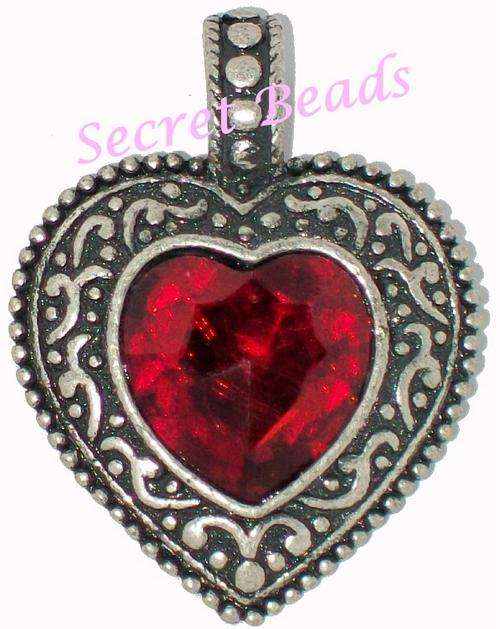 Burnished Ant. Silver Clip on Heart Pendant -  Red Faceted Glass