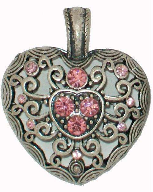 Open-work Silver Clip on Heart Pendant -  Pink Diamante