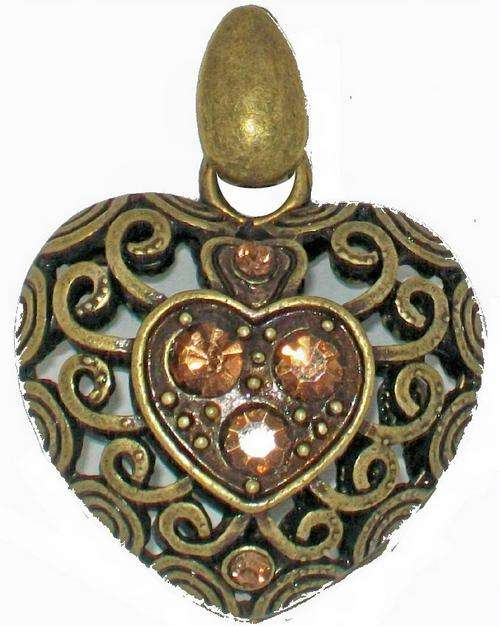 Open-work Ant. Bronze Clip on Heart Pendant -  Brown Diamante