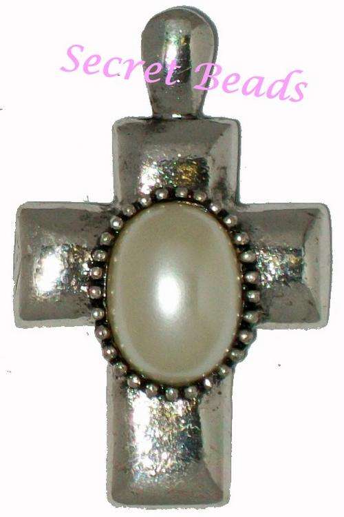Ant. Silver Clip on Cross Pendant - White/Champagne Pearl