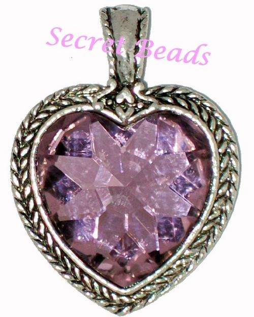 Ant. Silver Clip on Heart Pendant  Pink Faceted Glass