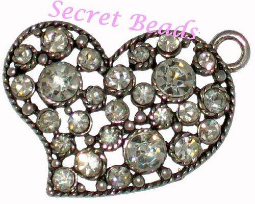 Heart Pendant - Ant. Silver Open-work Single sided  - Clear Diamante