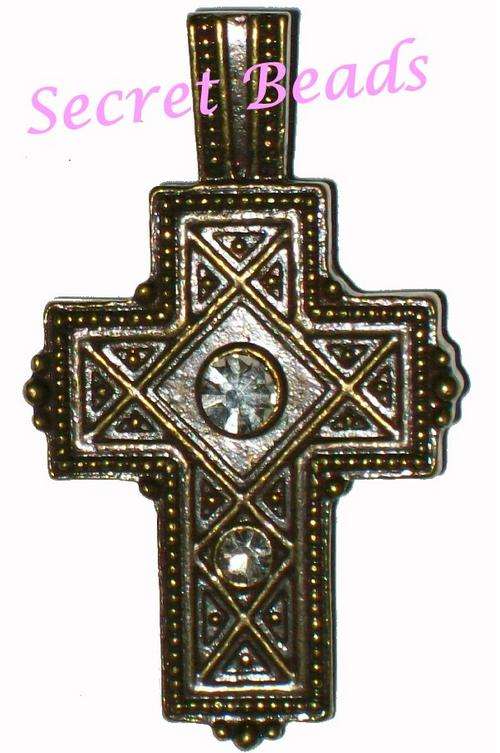 +++ CRAZY +++ Ant. Bronze Clip on Cross Pendant - Clear Diamante