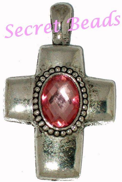 Ant. Silver Clip on Cross - Pink Faceted Rhinestone