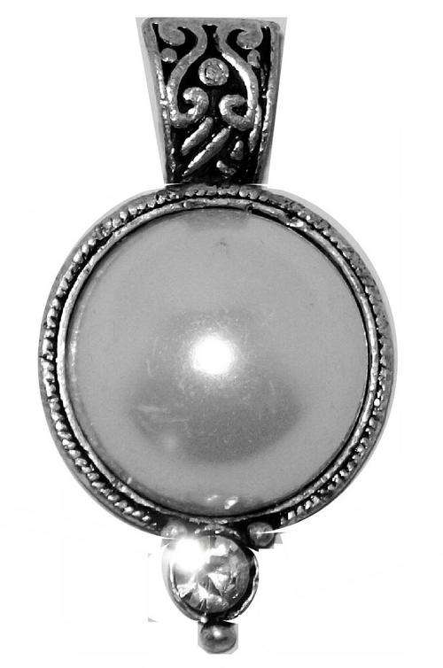 +++ CRAZY +++ Ant. Silver Clip on Pendant  - White Pearl with Clear Diamante