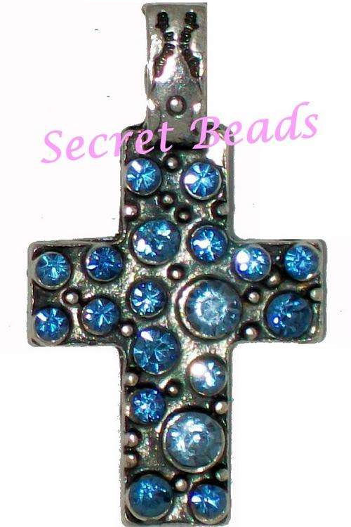 Ant. Silver Clip on Cross Pendant - Blue Diamante Insets