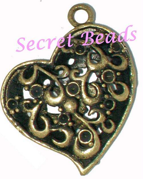 Ant. Bronze Open-Work Filigree Heart Pendant