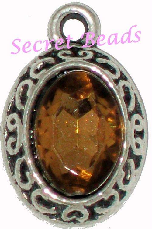 Ant. Silver Charm - Brown Faceted Rhinestone - 1pcs