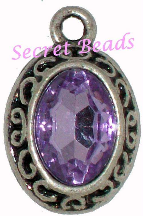 Ant. Silver Charm - Lilac Faceted Rhinestone - 1pcs