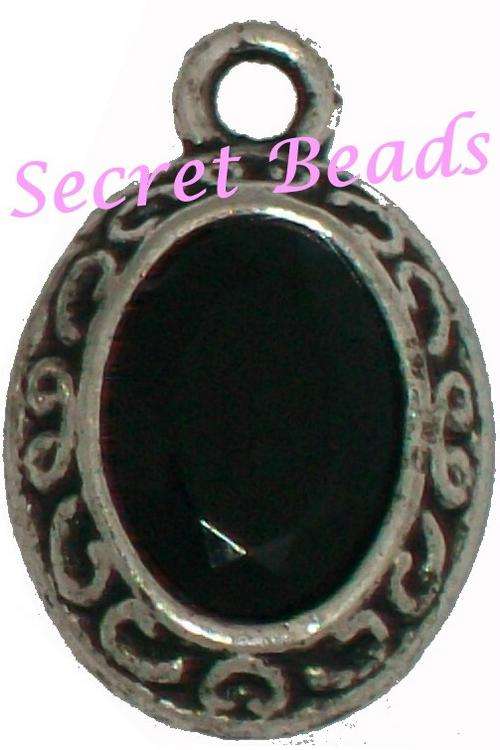 Ant. Silver Charm - Black Faceted Rhinestone - 1pcs