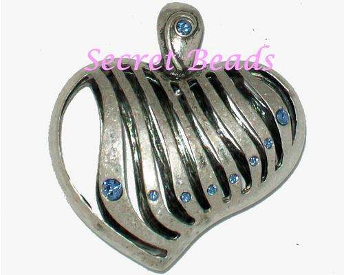 **SALE** Ant. Burnished Silver Clip on Heart Pendant  - Blue Diamante Insets
