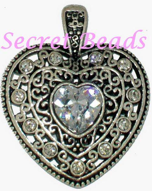 Ant. Silver Clip on Heart Pendant  - Clear Diamante Insets