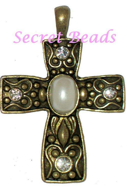 +++ SALE +++ Ant. Bronze Cross Pendant  - White Pearl & Clear Diamante