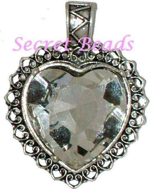Ant. Silver Clip on Heart Pendant  - Clear Faceted Glass