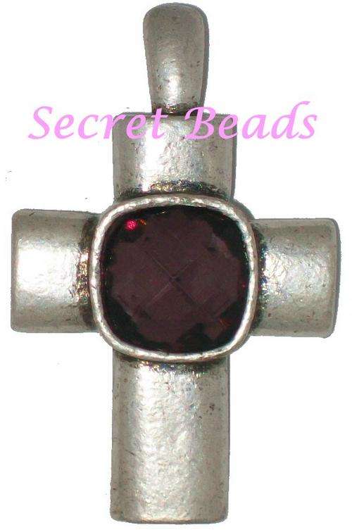 Ant. Silver Clip on Cross Pendant - Plum Faceted Glass