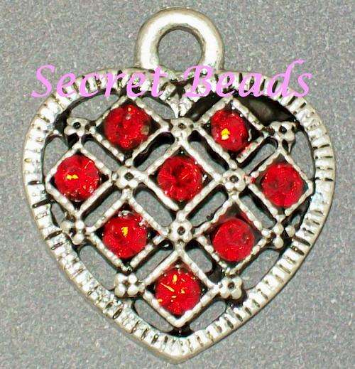 Ant. Silver Heart Charm - Red Diamante - 1pcs