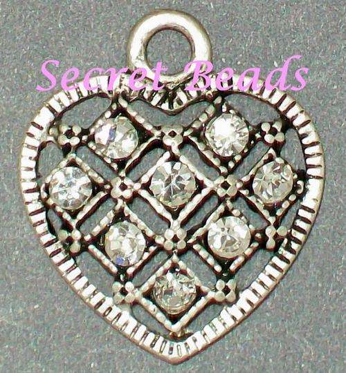 Ant. Silver Heart Charm - Clear Diamante - 1pcs