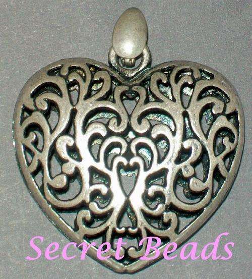 Ant. burnished Silver Open-work Filigree Heart Pendant  with Free Clip on Bail