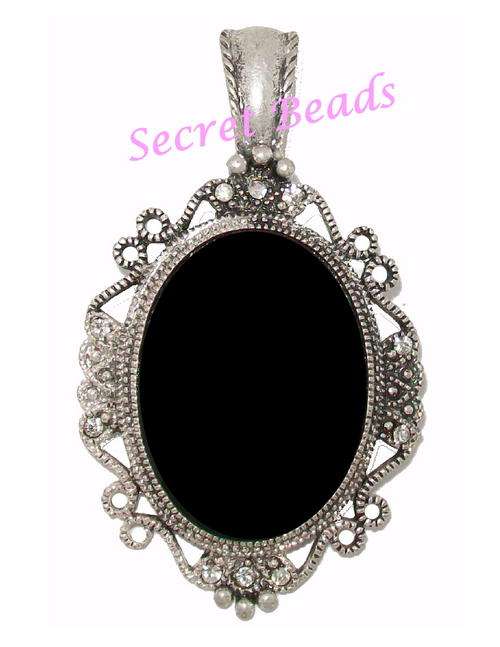 Ant. Silver Clip on Pendant - Black Faceted Glass  Surrounded by Clear DiamantÃ© Insets