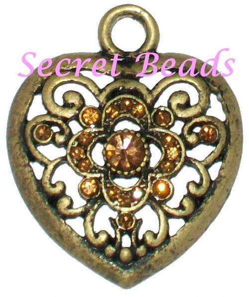Bronze Pendant / Charm with Brown DiamantÃ© Insets