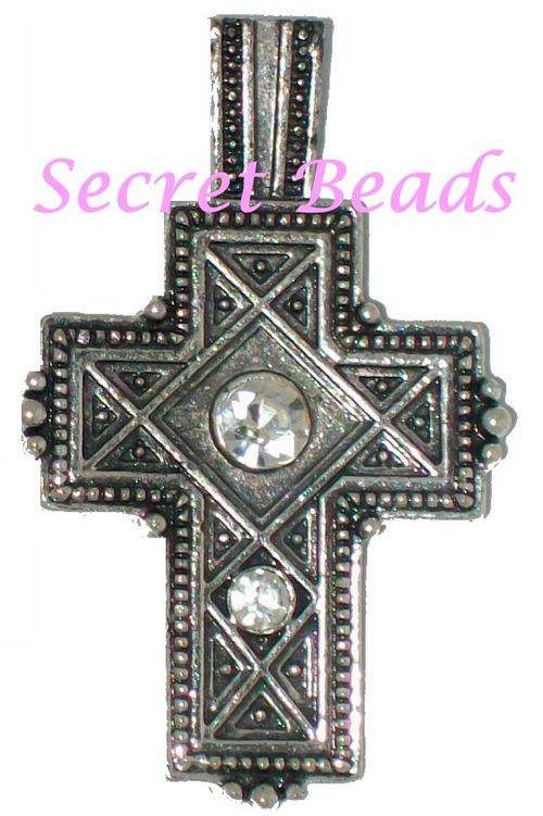 Ant. Silver Clip on Cross Pendant  - Clear Diamante Insets