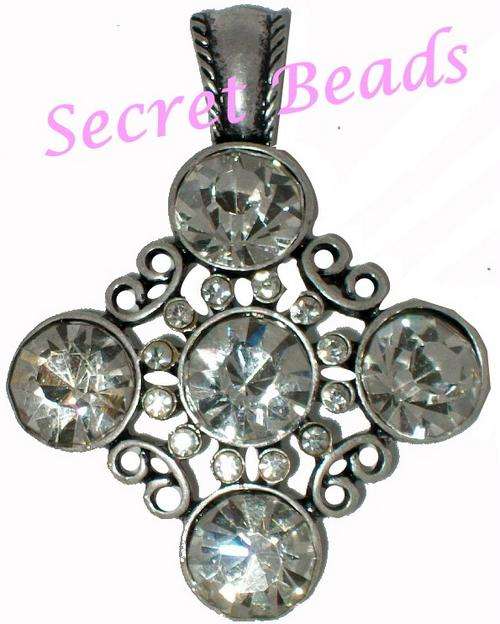Ant. Silver Clip on Pendant  - Clear Diamond Cut Glass & Diamante Insets