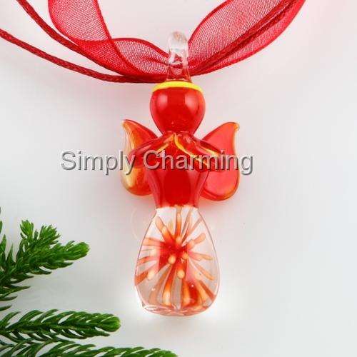 Red Glass Angel Pendant with 3D Flower Set Inside The Glass - UNIQUE & BEAUTIFUL !