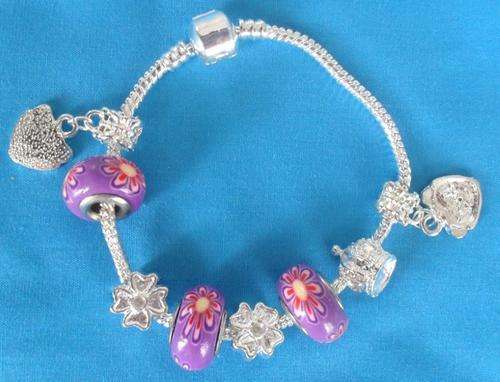 Pandora Style Bracelet with Lilac/Purple Beads & Silver Charms